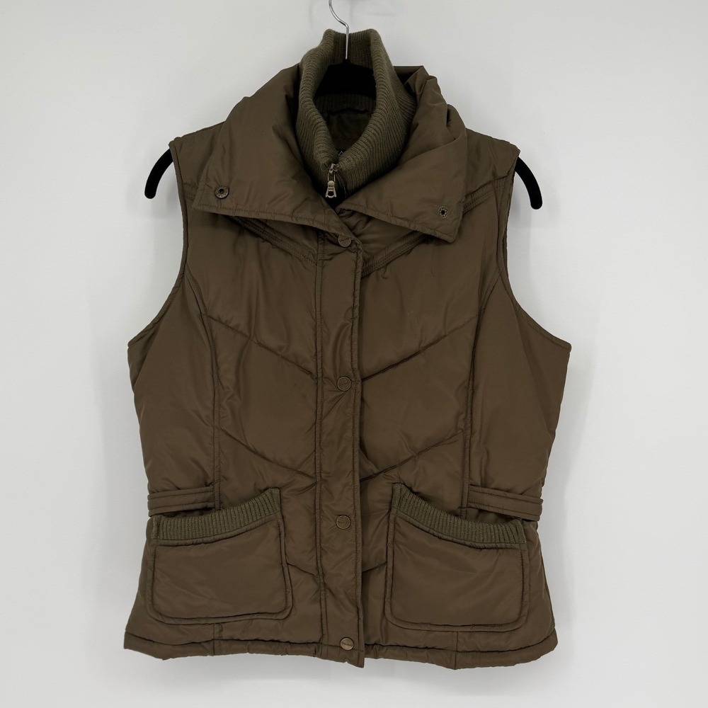 Tahari Womens Olive Brown Quilted Puffer Vest Double Collar Side Buckles Pockets